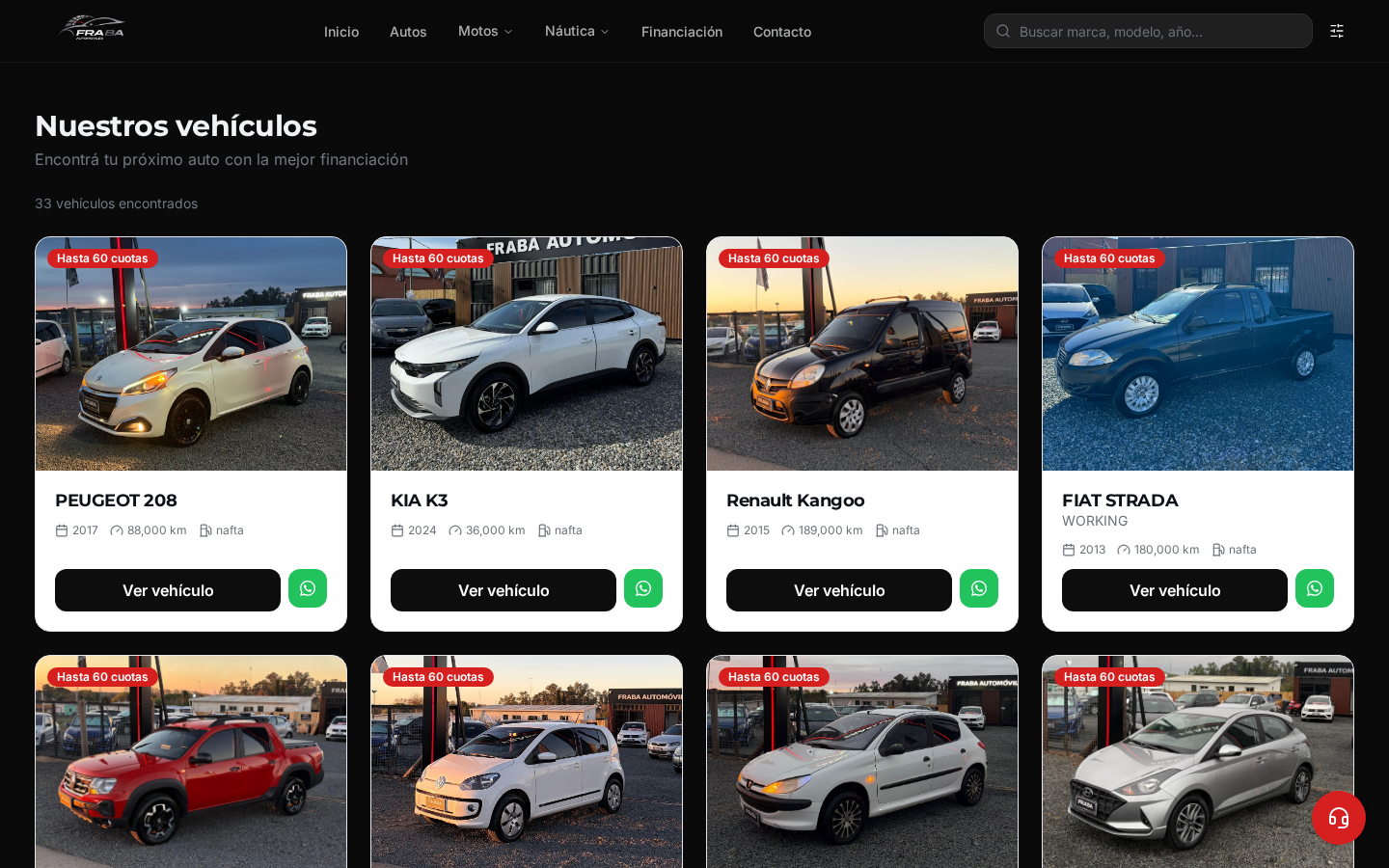 Catálogo web de Fraba Automóviles diseñado por DriverOps con listado de vehículos, financiación y botón de WhatsApp